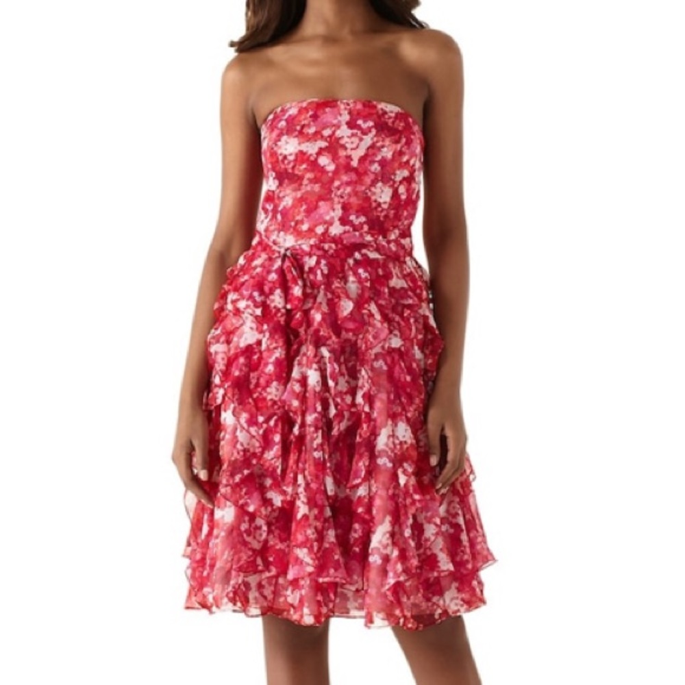 WHBM Strapless Pink Floral Chiffon Dress